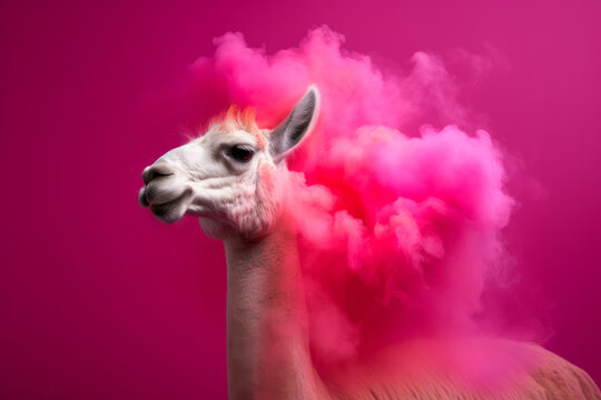 Portrait of a llama with a colourful smoke cloud. Abstract creative animal. Generative ai