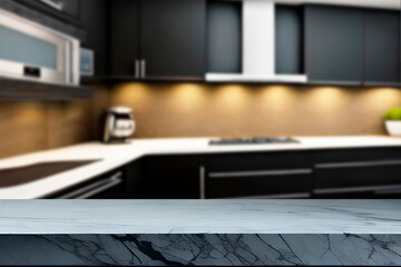 A kitchen with a black counter top and a white kitchen with a black countertop.