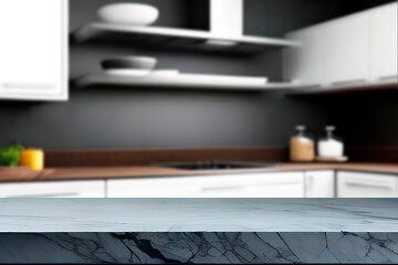 A kitchen with a black counter top and a white kitchen with a black countertop.