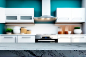 A kitchen with a black counter top and a white kitchen with a black countertop.