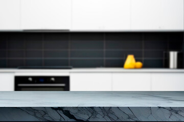 A kitchen with a black counter top and a white kitchen with a black countertop.