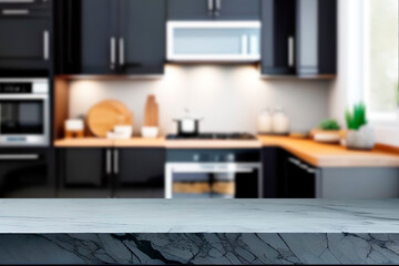 Obraz na płótnie Canvas A kitchen with a black counter top and a white kitchen with a black countertop.