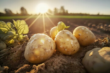 Natural young potatoes on field on blurred sunny village area landscape in golden hour. Harvest, new crop and local farm vegetables concept . Organic potatoes. Close up. Selective focus. Generation ai
