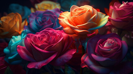 Fototapeta na wymiar Close up of colorful roses on dark background,generative ai