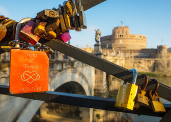 Set of padlocks symbolizing eternal love on the Sant'Angelo Bridge in Rome