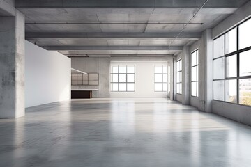 Vacant loft room with white wall and concrete floor. Generative AI