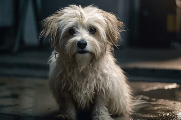 Cute young crossbreed dog with white long hair standing on garage floor and displaying a dejected expression while waiting for its owner to go for a walk in the pictures selective focus up close backg