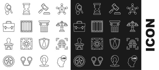 Set line Head with law, Fingerprint, Scales of justice, Judge gavel, Prison window, Briefcase, Magnifying glass footsteps and Law pillar icon. Vector