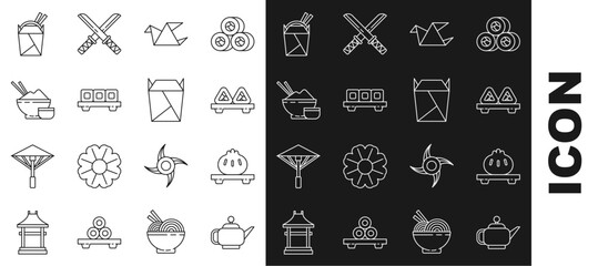 Set line Japanese tea ceremony, Dumpling cutting board, Sushi, Origami bird, Rice bowl with chopstick, Asian noodles paper box and chopsticks and Rstaurant opened take out filled icon. Vector