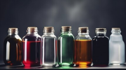Different bottles with colorful oils. Generative AI
