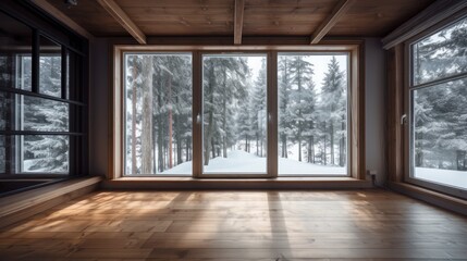Empty room with wooden floor and window with winter view, fir trees in the snow, the sun is shining brightly. Generative AI Illustration