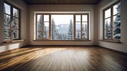 Empty room with wooden floor and window with winter view, fir trees in the snow, the sun is shining brightly. Generative AI Illustration