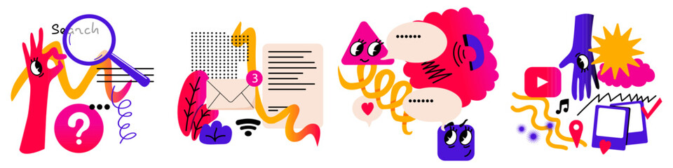 Set. Concept of Social networks. Internet search. Entertaining content - Video, foto, music. Chat, messaging, texting, call. Inbox message. Abstract cute geometric elements. Vector doodle illustration