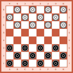 A chessboard in a vector isolated on a white background. The board is a top view. Black and white round chips. Checkers. Board game Checkers. Chessboard and checkers on it