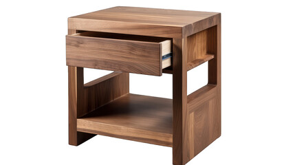 Modern wooden nightstand cutout isolated on white transparent background png. Generative AI