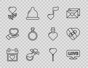 Set line Calendar with heart, Speech bubble text love, Music note, tone hearts, Bottle potion, Heart shape in flower, Diamond engagement ring, Balloons form of and Candy shaped box icon. Vector