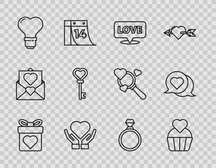 Set line Gift box with heart, Wedding cake, Speech bubble text love, Heart on hand, shape light bulb, Key, Diamond engagement ring and speech icon. Vector