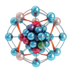 3D rendered structure of the atom molecule isolated on white transparent background png. Chemistry physics science concept. Generative AI