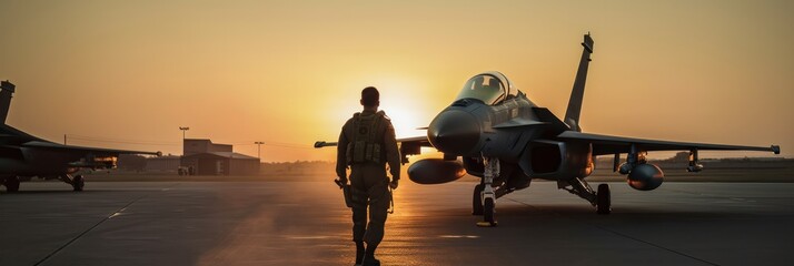 Military airforce fighter jet pilot near walking towards sunset. Top gun concept. Generative AI - obrazy, fototapety, plakaty