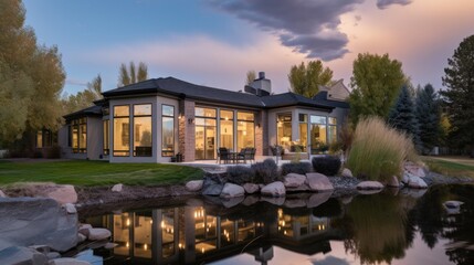 Obraz premium Luxury contemporary ranch villa with a pool in the background. Generative AI