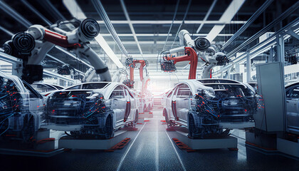 Inside a gigafactory of electric car production based on artificial intelligence and production lines without human workers. Created with generative AI tools - 586932735