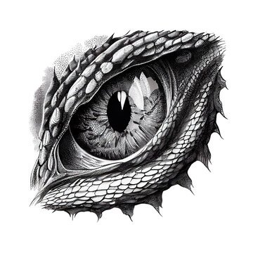 Sketch of monstrous reptilian or dragon eye in black and white pencil. The image is detailed, intricate and ideal for use in fantasy, horror or mythology related designs. Tshirt print, alien beast