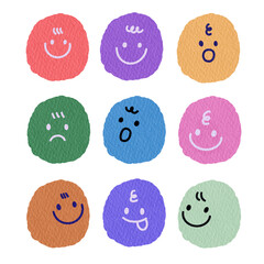 Basic emotion concept. Mood emoticon icon set. Vector flat illustration. Joy, trust, fear, surprise, sadness, disgust, anger and anticipation emoji. Design element for review, web, ui, infographic.