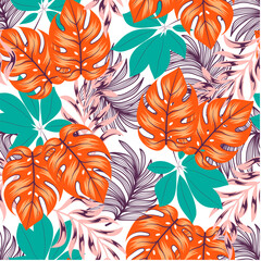 Summer seamless tropical pattern with bright plants and flowers on a delicate background. Beautiful print with hand drawn exotic plants. Trendy summer Hawaii print.