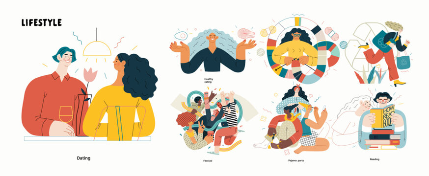 Lifestyle series set - modern flat vector illustrations of people living their lives and engaging in a hobby. People society activities methapors and hobbies concept