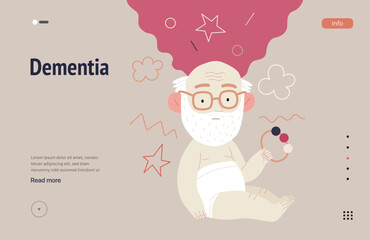 Mental disorders web template. Dementia- modern flat vector illustration of elderly man, weakening of cognitive function, return to childhood. People emotional, psychological, mental traumas concept