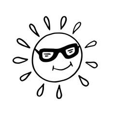 Sun with glasses on isolated white background in doodle style.Summer concept.