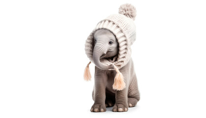Baby elephant with wool winter hat and scarf. Isolated white. Generative AI