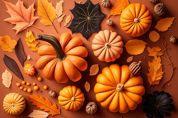 Pumpkins and fall leaves on table