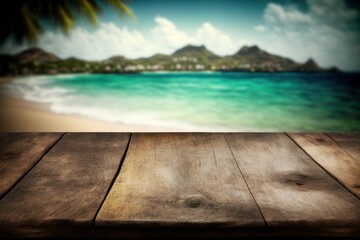 Old wooden table with sea in the background for product presentation with bokeh background (Generative AI)