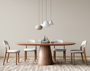 Interior of modern dining room, dining table and white chairs in room with beige wall. 3d rendering