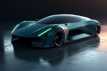 Prototype d'automobile électrique à caractère sportif et futuriste, design épuré, vitres fumées, grande jantes aluminium, carrosserie carbone