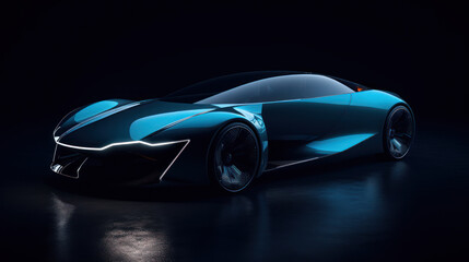 Prototype d'automobile électrique à caractère sportif et futuriste, design épuré, vitres fumées, grande jantes aluminium, carrosserie carbone