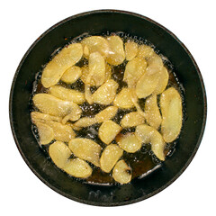 Homemade potato chips fried in oil.Background of potato chips.