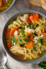 Homemade Chicken Noodle Soup in a Bowl, top view. Flat lay, overhead, from above.