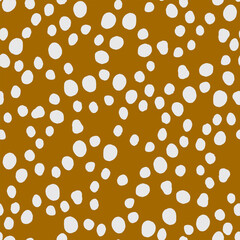 Seamless neutral polka dots pattern. White hand-drawn circles isolated on beige background. Abstract Random points ornament. Vector illustration for wallpaper, fabric, print, wrapping paper, textile