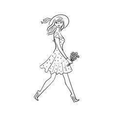 Beautiful young woman carries flowers.Summer stock  illustration.