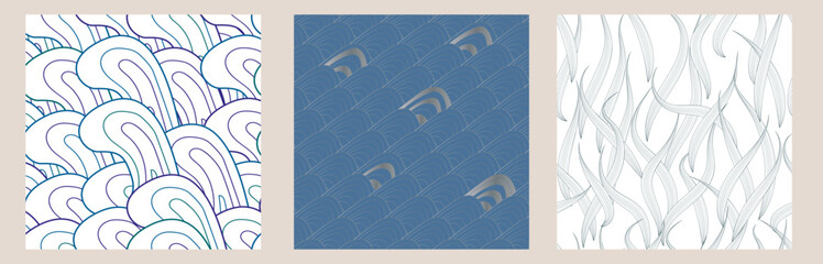 Set of blue seamless asian patterns. Art sea background vector. Contemporary multicolor design. Abstract texture. Japanese traditional style.