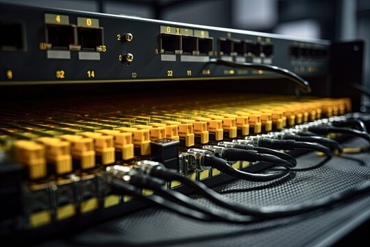 fiber optic cable label and high speed network router switch in a data center for technology. background with haze. Generative AI