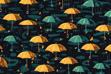 floating umbrellas in shades of yellow and green against a blue sky. Generative AI
