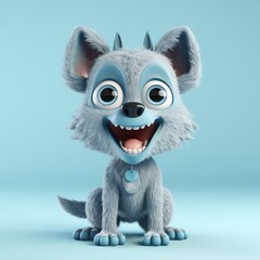 Realistic 3D rendering of a happy, fluffy and cute wolf smiling with big eyes looking straight at you. Created with generative AI