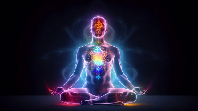 Concept of meditation and spiritual practice, expanding of consciousness, chakras and astral body activation, mystical inspiration image, generative ai