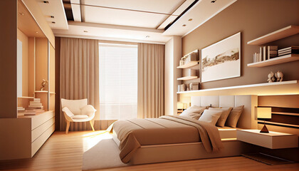 Fototapeta na wymiar Clean style beige bedroom interior