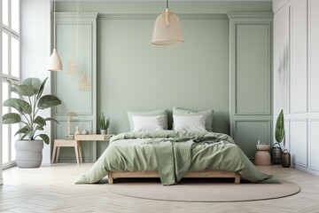 Pastel green bedroom with bed and light. Light background with copyspace. website, presentation, or photo backdrop. Generative AI