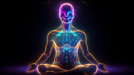 Concept of meditation and spiritual practice for enlightenment, expanding of consciousness, chakras and astral body activation, mystical inspiration image. Generative AI.