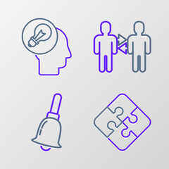 Set line Piece of puzzle, Ringing bell, Project team base and Human head with lamp bulb icon. Vector
